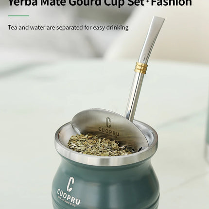 Yerba Mate Gourd Set Includes Double Walled Stainless Steel Tea Cup One Bombilla Mate (Straw), Cleaning Bruch, Tea Separator