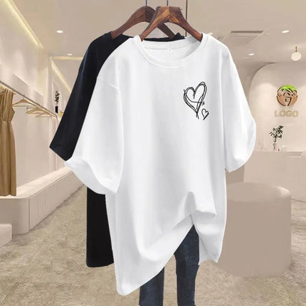 Summer 2025 New Elegant Love Print T-shirts Women Clothing Casual Loose Cotton Pullover Office Lady Basic Short Sleeve Top Tees