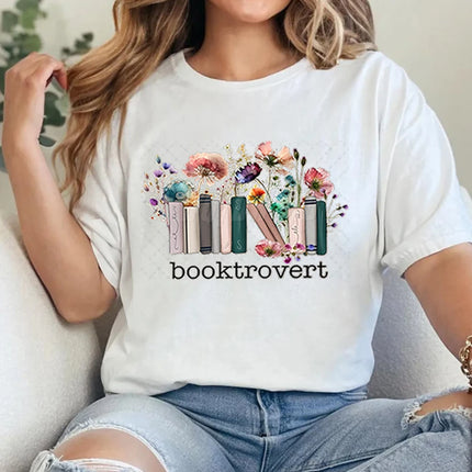 Booktrovert Fashion Casual T-shirts Funny Book Lover Summer Short Sleeve Tee Trendy Vintage Bookish Flower Classic Tops Clothes