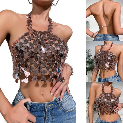 Womens Sexy Hollows Out Outfit Glitter Bra Tops Club Festival Beachs Party Mirrors Skirts for Summer