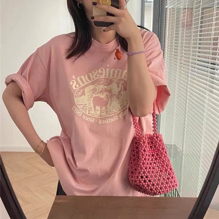 Loose Cotton Short Sleeve T-Shirt Women's Style Lazy Fashion Design Half Sleeve Body Shirt Summer Season round Neck Plant Floral