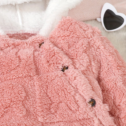 Autumn And Winter Jacquard Rabbit Plush Hooded Dress For Baby Girls, Winter Warm One-Piece Dress