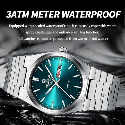 BINBOND  Luxury Men Quartz Watch Waterproof Date Week Luminous Wristwatch Stainless Steel Men's Watches Male Clock Sports Reloj