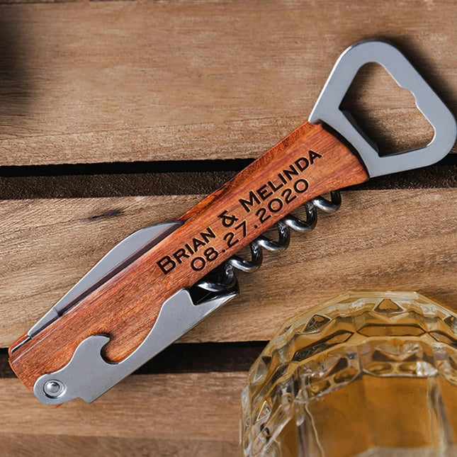 Personalized Logo Wood Handle Corkscrew Wine Opener for Wedding Gift, Custom Brand Logo Beer Bottle Opener