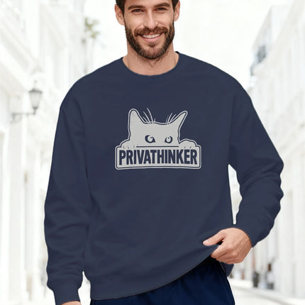 Men's Sweatshirt 2025 Trending Oversized Soft Comfortable Crewneck PRIVATHINKER Text & Cat Portrait Graphic Streetwear Top