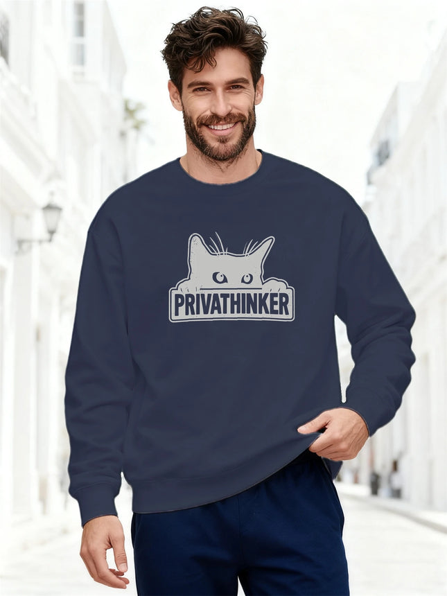 Men's Sweatshirt 2025 Trending Oversized Soft Comfortable Crewneck PRIVATHINKER Text & Cat Portrait Graphic Streetwear Top