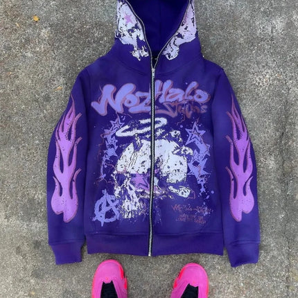 American retro Harajuku street dark hip-hop high street cartoon print zipper hoodie loose hoodie street trendsetters loose trend