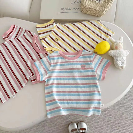 Bear Leader Summer Striped Printed Short Sleeved T-shirt Girls Clothes Fashion New Color Blocked Children's Casual Top