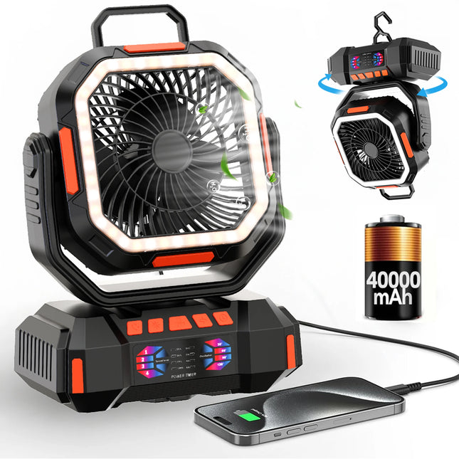 40000mAh Battery Camping Fan with LED Lantern&Hook 4 Speeds Desk Fan Portable Outdoor Fan for Tent Power Outages Jobsite Fishing