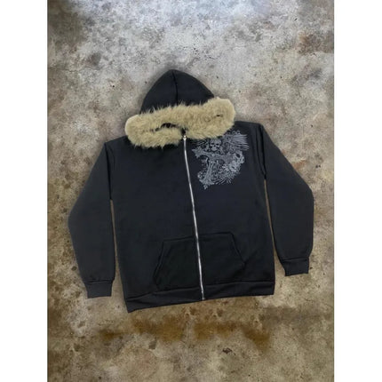 European and American Y2K fuzzy hat hoodie printed pattern long sleeved pullover hoodie retro jacket street trend