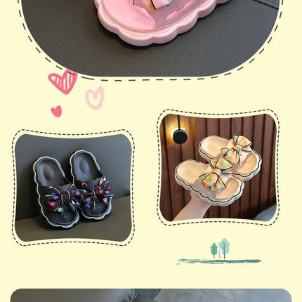 Children Slippers Girls Wearing Soft Soled Slippers Outside Cute Bow Anti Slip Bathroom Slippers Contrast Color Kid Slippers