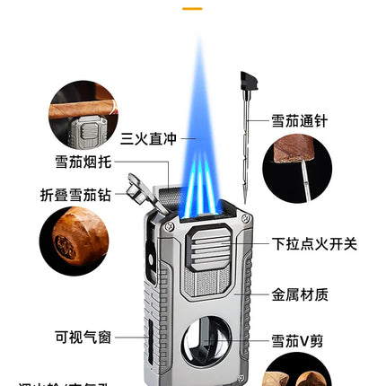 Portable Multi-function Jet Lighter with V-shaped Cigar Cutter Cigar Cigarette Holder Men's Cigarette Lighter, Gentleman's Taste