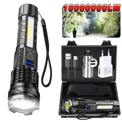 Powerful LED Flashlight Type C Rechargeable Waterproof Torch with Side Light 7 Modes Zoomable Lamp for Camping Fishing Lantern