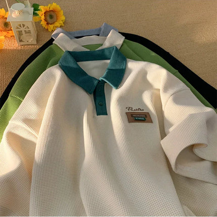 Men's Summer Style American Vintage Polo Shirt Versatile Cotton Half Sleeve T-shirt Loose Fit Casual Clothing