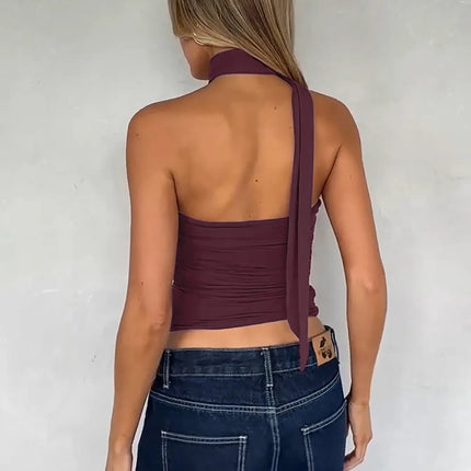 Hugcitar Women Elegant Halter Scarf Strapless Ruched Solid Sexy Slim Crop Tank Top 2025 Summer Casual Clothes Streetwear Party