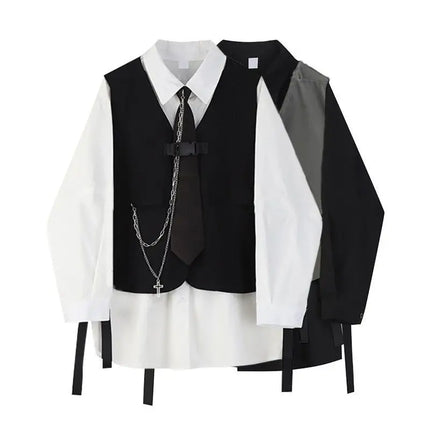 Men Women Gothic Shirt Suit Korean Loose Long-sleeved Blouse Functional Workwear Suit Vest Two-piece Set 2023 Spring Autumn Top