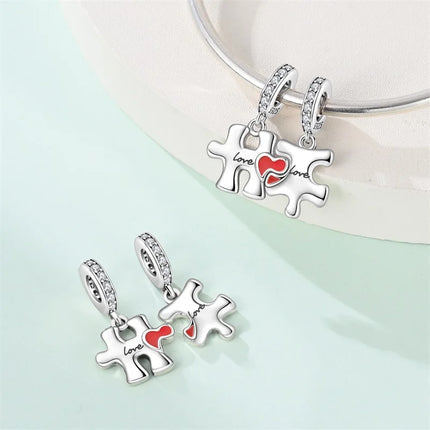 Original 925 Sterling Silver Charms Bead Inlaid Zirconium Jigsaw Puzzle Pendants Gift Fit Bracelet Jewelry DIY Marking