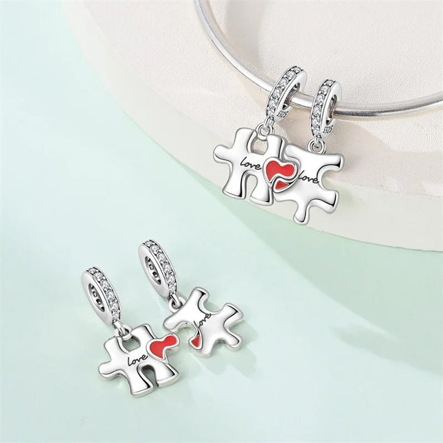 Original 925 Sterling Silver Charms Bead Inlaid Zirconium Jigsaw Puzzle Pendants Gift Fit Bracelet Jewelry DIY Marking