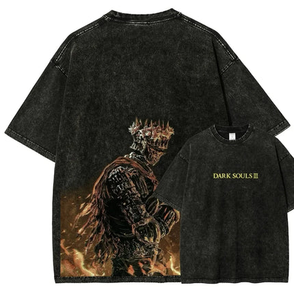 Classic Action Role-playing Game Dark Souls Peripherals Print T-shirt Street Harajuku Men Women Retro Washed Cotton Oversize Top