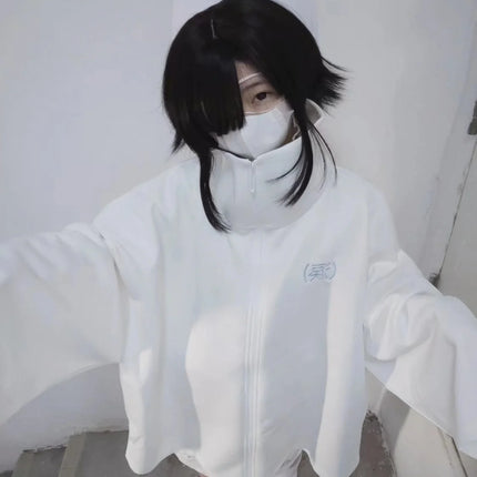 Cute Angel Nearby Spring Summer Style Women's Loose Zipper White Sweatshirt Jacket Student Sweet Style Long Sleeve Regular Le...