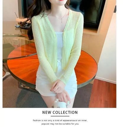 Slim Fit Knitted Long Sleeve Short Cardigan Women's Summer New Style Korean Version Thin Outerwear Pure Color Sun Protection Shi