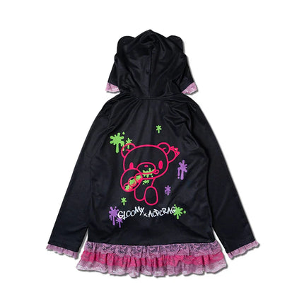 Spring Autumn Japanese Y2K Subculture Coat Women's Long Sleeve Lace Cartoon Bear Hoodie Fashion Harajuku Punk Loose Coat Kawaii