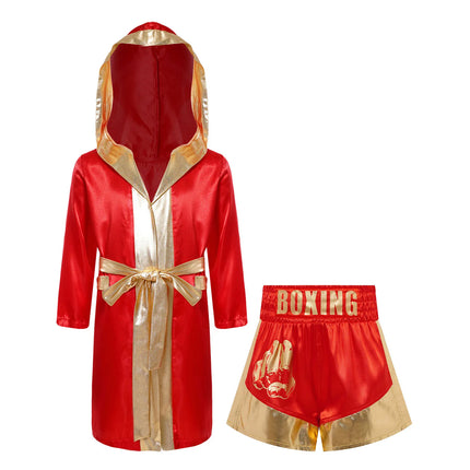 Boys Girls Halloween Carnival Boxer Cosplay Costume Boxing Robe Outfit Long Sleeve Satin Pugilism Hooded Cloak with Belt Shorts