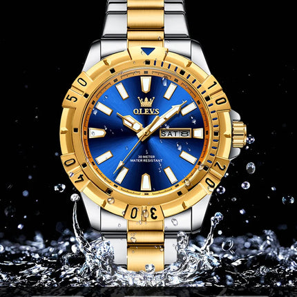 OLEVS Men's Watches Luxury Diving Series Stainless Steel Waterproof Luminous Dual Calendar Fashion Quartz Wristwatch for Men