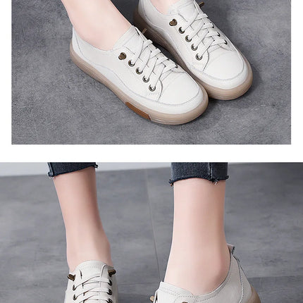 Genuine Leather Women Soft Sole Walking Shoes Girl Student Jogging Sneaker White Black Flats Female Casual Skate Trainers Summer