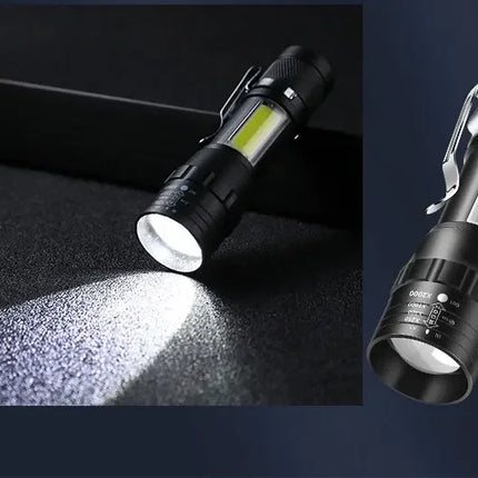 Portable LED+COB Rechargeable Compact Telescopic Zoom Tactical Flashlight With Clip Outdoor Emergency ABS Torch Waterproot