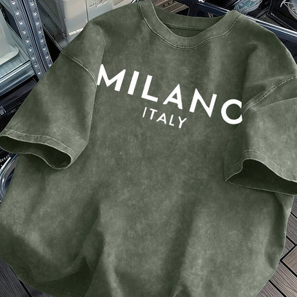 Milano Italy Printed Retro Tee Top Men's Summer Breathable Cotton T-Shirts Soft Fashion Washed Tee Unisex Casual Clothing