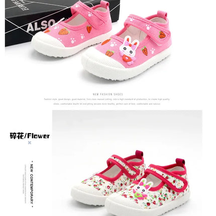 JGSHOWKITO Girls Canvas Shoes Soft Sports Shoes Kids Running Sneakers Candy  With Cartoon Rabbit Carrots Prints Children