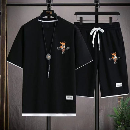 Men's Summer Casual Fashion Printed Loose Round-Neck Short-Sleeve T-Shirt Top and Shorts Set Comfortable Sportswear