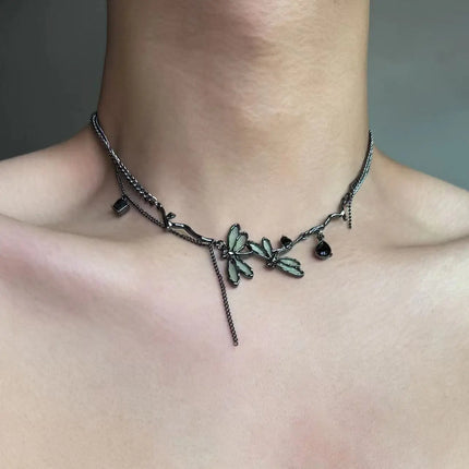 Sweet Cool Gun Black Fantasy Dragonfly Necklace for Women Gothic Black Tassels Choker Niche High-End Clavicle Chain Jewelry