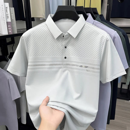 Summer Gentle Men's Polo Shirt Striped Pattern Ice Silk Short Sleeve Smooth Breathable Office Daily Commute Top