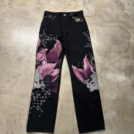 Harajuku Japanese Jeans Mens New Dragon High Quality Jeans Gothic Vintage Hip Hop Streetwear Denim Fabric Wide Leg pants