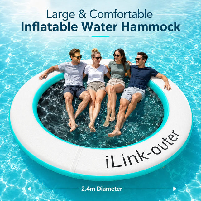 8ft Inflatable Water Hammock Float, Large Round Pool Floating Dock with Mesh Center, Reinforced Handles & Non-Slip Surface, Portable Lounge Raft for Pool Lake Beach, Includes Pump Kit