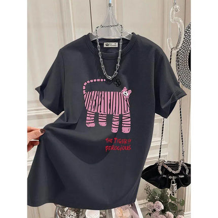 Summer New Fun Tiger Cartoon Print T-shirts Women Clothing Fashion All-match Pure Cotton Short Sleeve Top Tee Y2k Loose Pullover