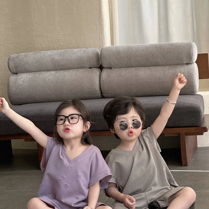 RAISE Summer Brother Sister Clothes Muslin Hollow V-collar Kids Boy Short Sleeve Top Suit Loose Solid Straight Shorts Tracksuits