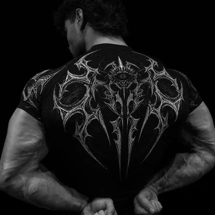 05-Men's Wing & Cross Print Compression Tight Fit Short Sleeve Sports Shirt Workout Tops Gym Compression High Stretch