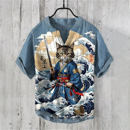 Men's Short Sleeve POLO Shirt Blended Printed Japanese Retro Cat Samurai Casual Large Size Men's Top 5XL