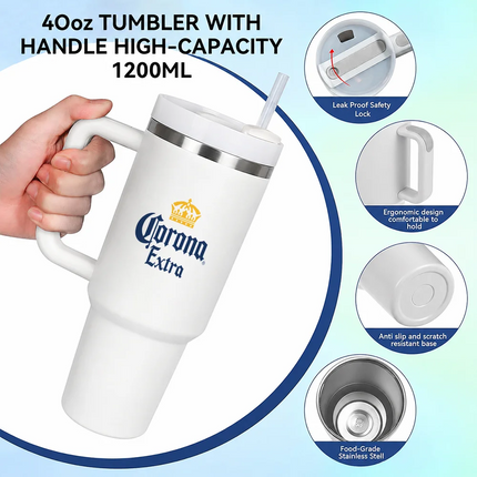 C-Corona E-Extra Beer Vacuum Flasks 40oz Stainless Steel Insulated Tumbler with Handle Straw
