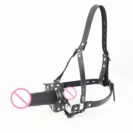 BDSM Leather Head Harness Double Ended Silicone Dildo Mouth Gag Slave Bondage Mask Adult Sex Toy Role Play Fetish Gear Tools