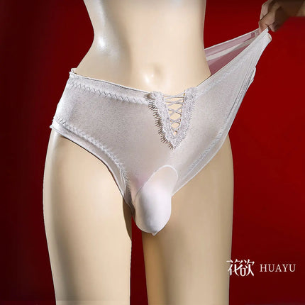 Large Size Satin Mesh Sissy Pouch Panties Mens Sexy Lingerie Underwear Femboy Bullet Separation Briefs Crossdressers Transgender