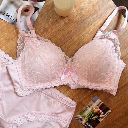 Wireless French Bralette for Small Chest, No Adjustable Push Up Lace Bra Set, Comfort Sexy Non Padded Lingerie for Women MOYISU