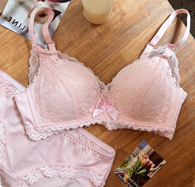 Wireless French Bralette for Small Chest, Non-Adjustable Push-Up Lace Bra Set, Comfortable Sexy Non-Padded Lingerie for Women MOYISU