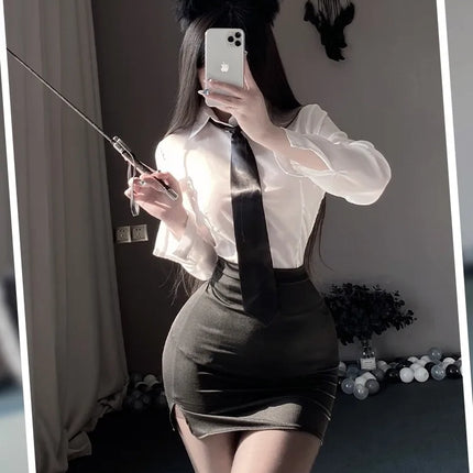 Sexy Pure Desire Summer Top Skirt Set Secretary Style OL Career White Shirt Women's Slim Fit Casual Fashion V-neck Polyester