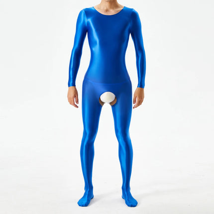 1pc Men Sexy Glossy Bodystocking Long Sleeve Body Jumpsuits Crotchless Bodysuit Ultra-thin Sheer Oily Shiny Underwear