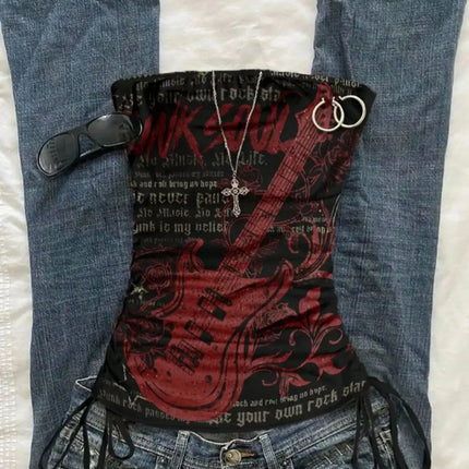 Women's Casual Retro Drawstring Front Cut Vest, suitable for Y2K and Guitar Prints in Spring and Summer