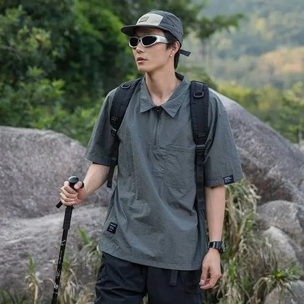 Retro Outdoor Men's Short-Sleeved T-Shirt with Half-Zip: Sun-Protective, Loose-Fitting, Quick-Drying and Breathable